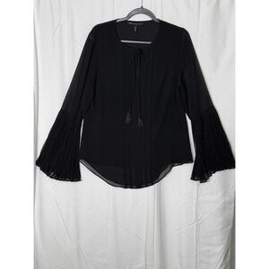 White House Black Market Black Pleated Bell Sleeve Tassel Tie Blouse Womens 10